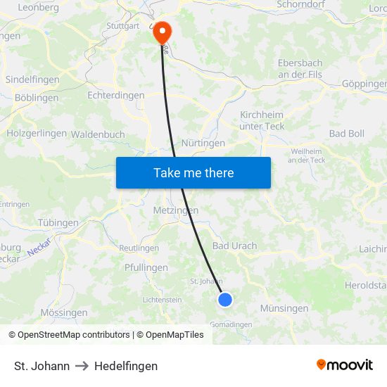 St. Johann to Hedelfingen map