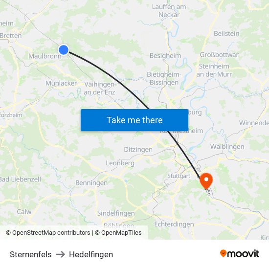 Sternenfels to Hedelfingen map