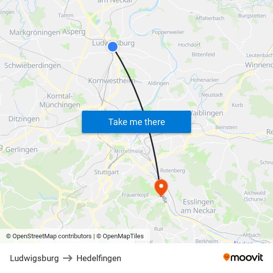 Ludwigsburg to Hedelfingen map