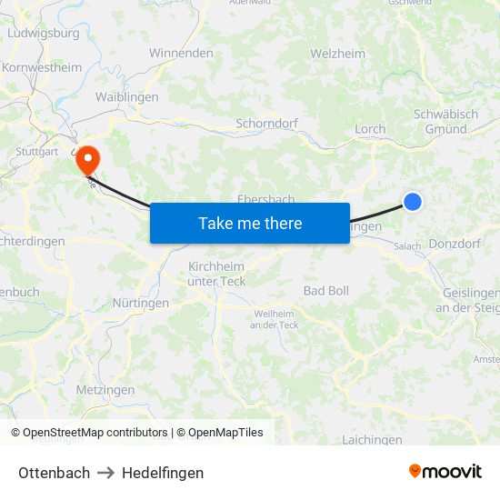 Ottenbach to Hedelfingen map