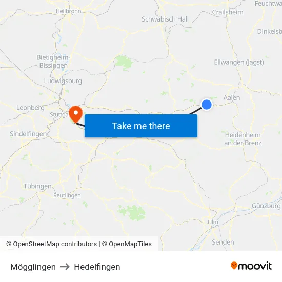 Mögglingen to Hedelfingen map