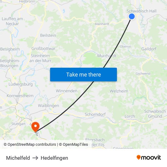 Michelfeld to Hedelfingen map