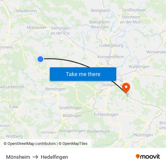 Mönsheim to Hedelfingen map