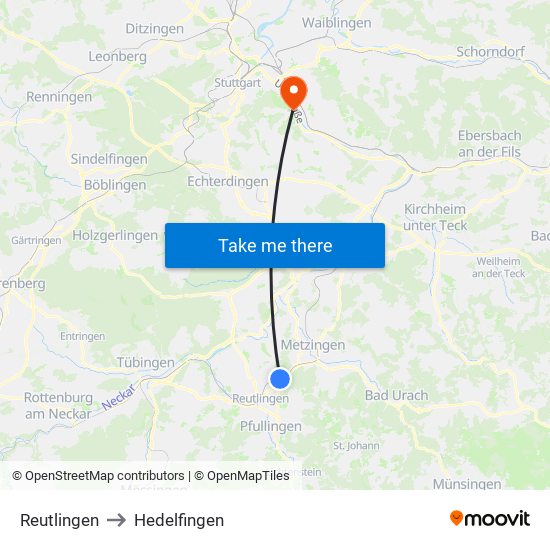 Reutlingen to Hedelfingen map
