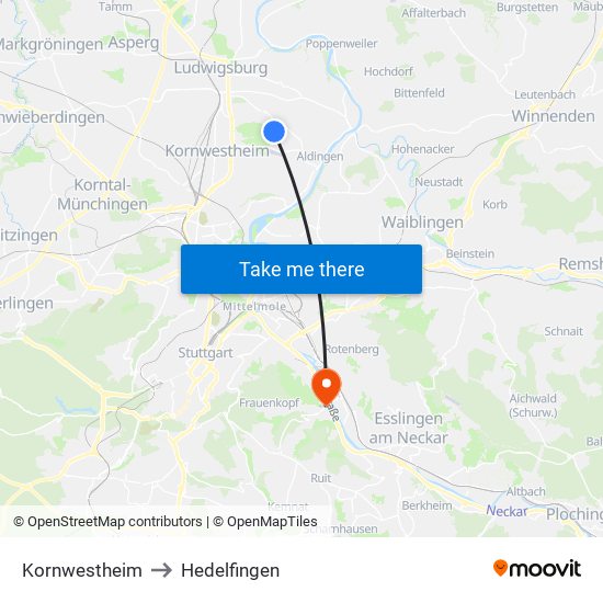 Kornwestheim to Hedelfingen map