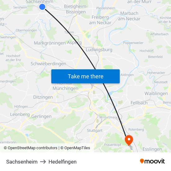 Sachsenheim to Hedelfingen map