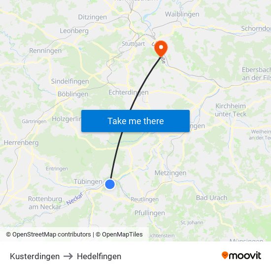 Kusterdingen to Hedelfingen map