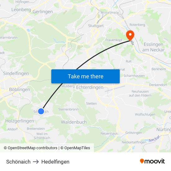 Schönaich to Hedelfingen map