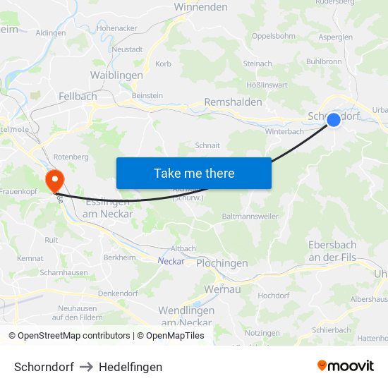 Schorndorf to Hedelfingen map