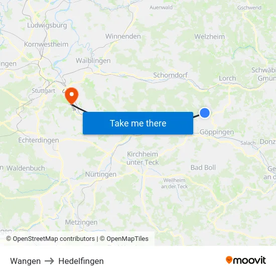 Wangen to Hedelfingen map