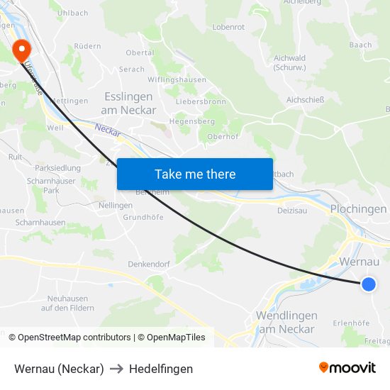 Wernau (Neckar) to Hedelfingen map