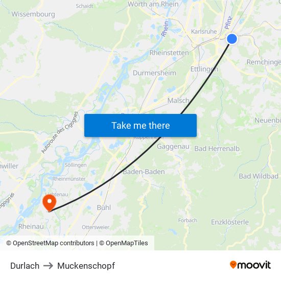 Durlach to Muckenschopf map