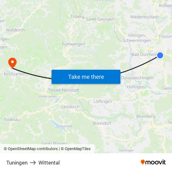 Tuningen to Wittental map