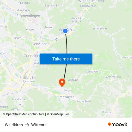 Waldkirch to Wittental map