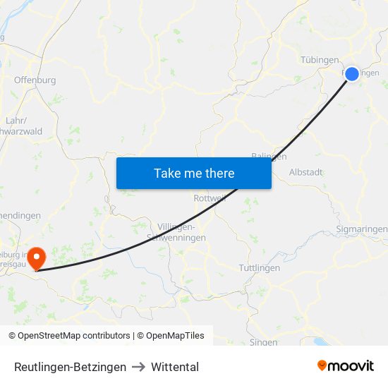 Reutlingen-Betzingen to Wittental map