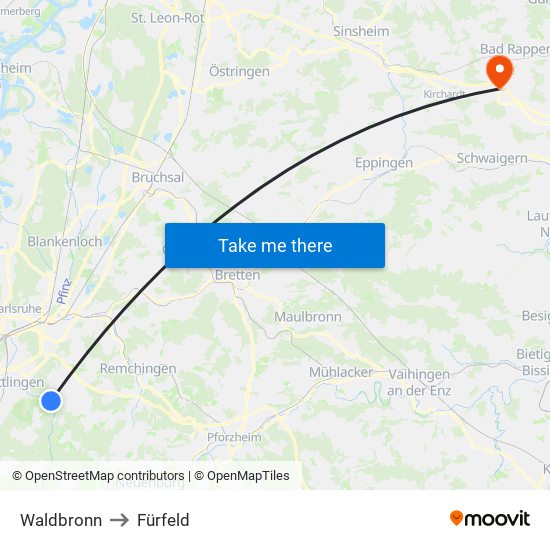 Waldbronn to Fürfeld map