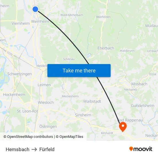 Hemsbach to Fürfeld map