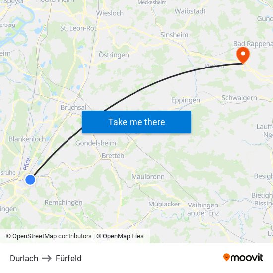 Durlach to Fürfeld map