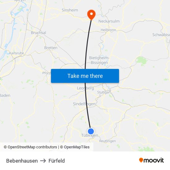 Bebenhausen to Fürfeld map