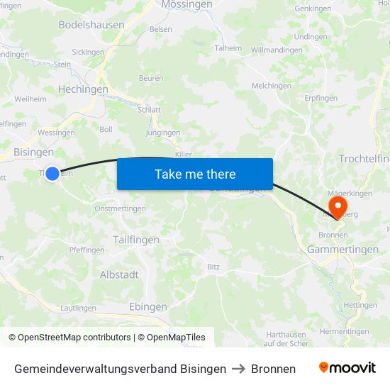 Gemeindeverwaltungsverband Bisingen to Bronnen map