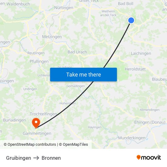 Gruibingen to Bronnen map