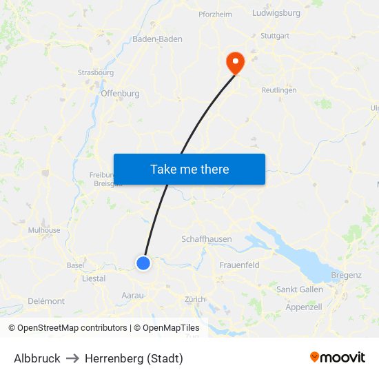 Albbruck to Herrenberg (Stadt) map