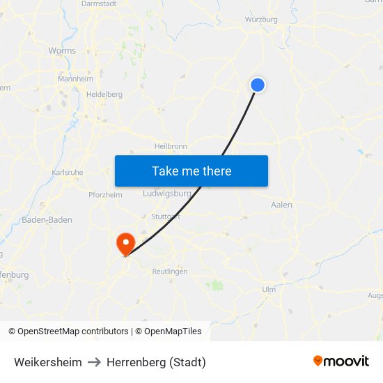 Weikersheim to Herrenberg (Stadt) map