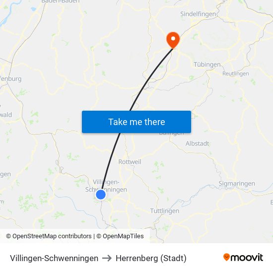 Villingen-Schwenningen to Herrenberg (Stadt) map