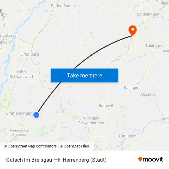 Gutach Im Breisgau to Herrenberg (Stadt) map