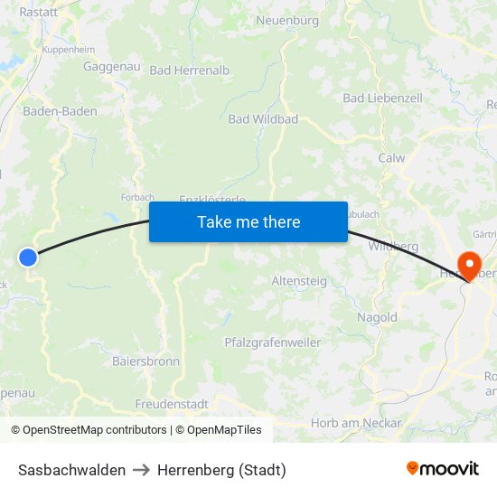 Sasbachwalden to Herrenberg (Stadt) map