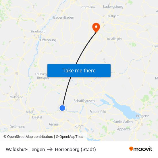 Waldshut-Tiengen to Herrenberg (Stadt) map