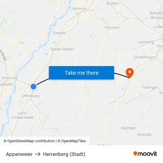 Appenweier to Herrenberg (Stadt) map