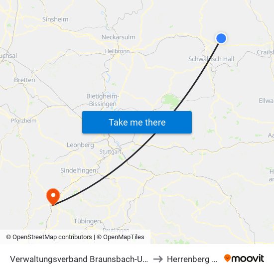 Verwaltungsverband Braunsbach-Untermünkheim to Herrenberg (Stadt) map