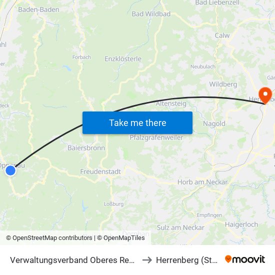 Verwaltungsverband Oberes Renchtal to Herrenberg (Stadt) map