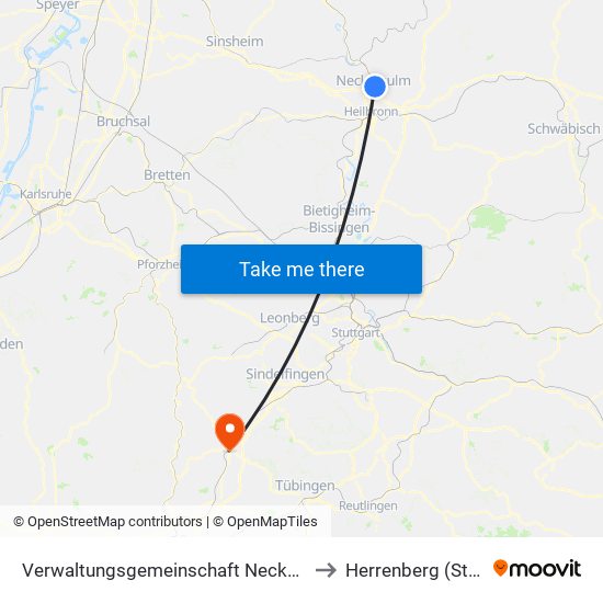 Verwaltungsgemeinschaft Neckarsulm to Herrenberg (Stadt) map