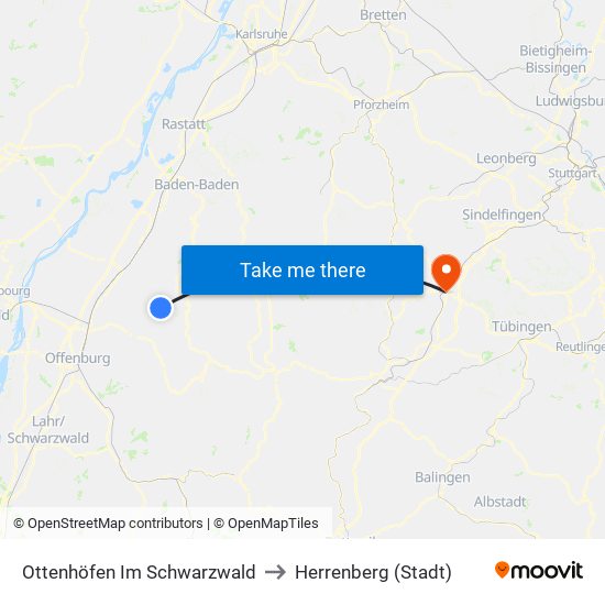 Ottenhöfen Im Schwarzwald to Herrenberg (Stadt) map