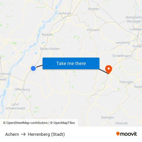 Achern to Herrenberg (Stadt) map