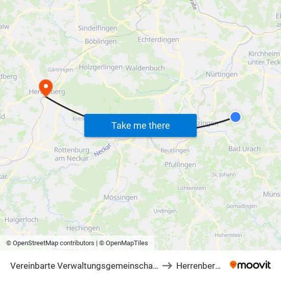 Vereinbarte Verwaltungsgemeinschaft Der Stadt Neuffen to Herrenberg (Stadt) map