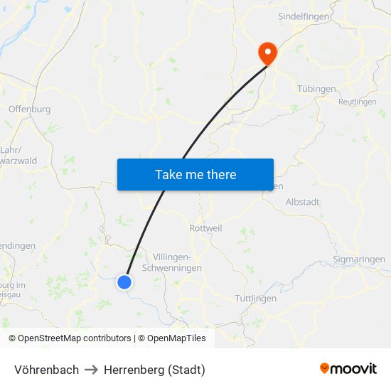 Vöhrenbach to Herrenberg (Stadt) map