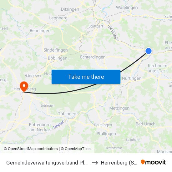 Gemeindeverwaltungsverband Plochingen to Herrenberg (Stadt) map