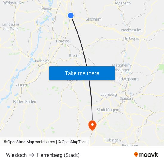 Wiesloch to Herrenberg (Stadt) map