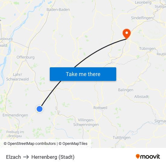 Elzach to Herrenberg (Stadt) map