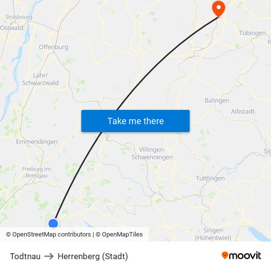 Todtnau to Herrenberg (Stadt) map