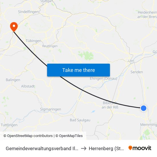 Gemeindeverwaltungsverband Illertal to Herrenberg (Stadt) map