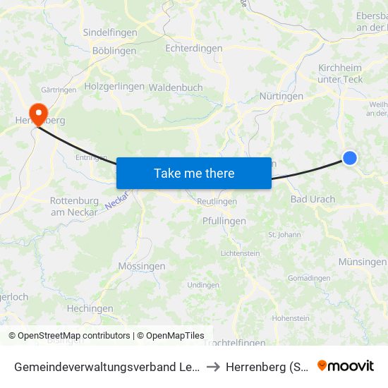 Gemeindeverwaltungsverband Lenningen to Herrenberg (Stadt) map