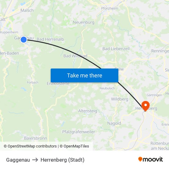 Gaggenau to Herrenberg (Stadt) map