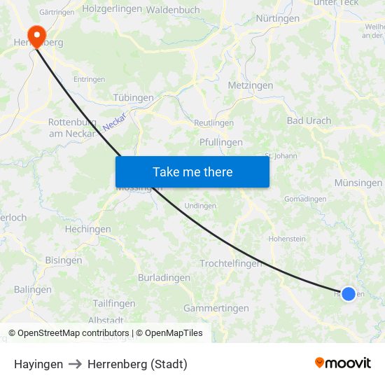 Hayingen to Herrenberg (Stadt) map