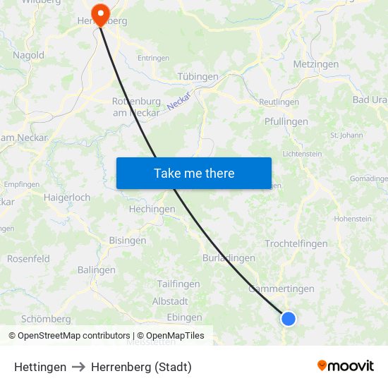 Hettingen to Herrenberg (Stadt) map