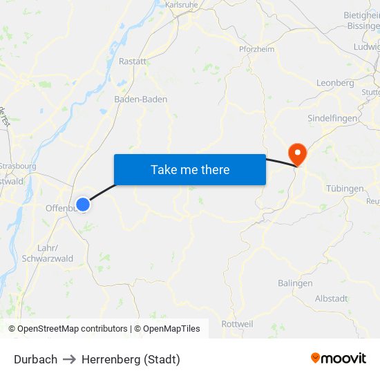 Durbach to Herrenberg (Stadt) map