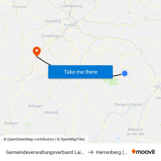 Gemeindeverwaltungsverband Laichinger Alb to Herrenberg (Stadt) map
